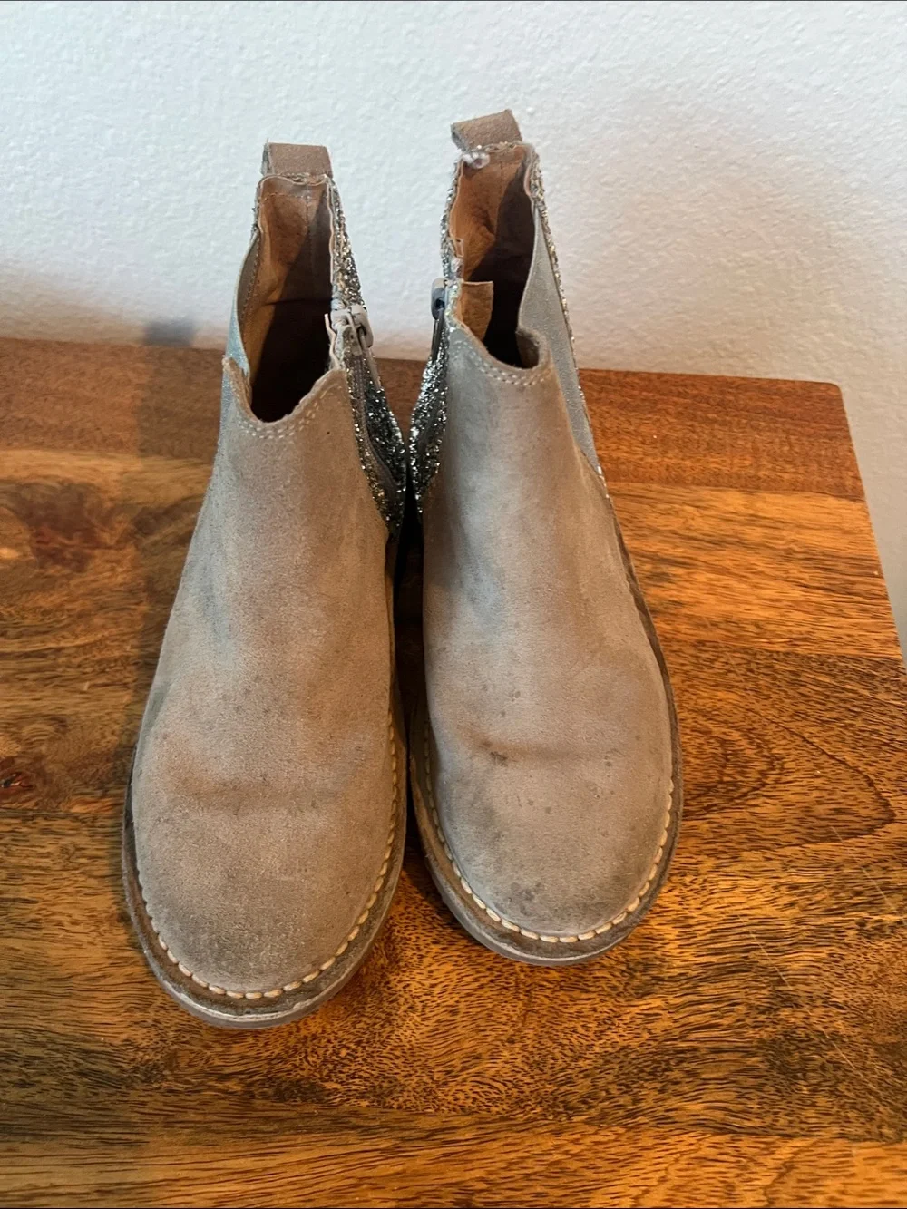 Taupe Suede Kids Chelsea Boots with Silver Glitter Heel